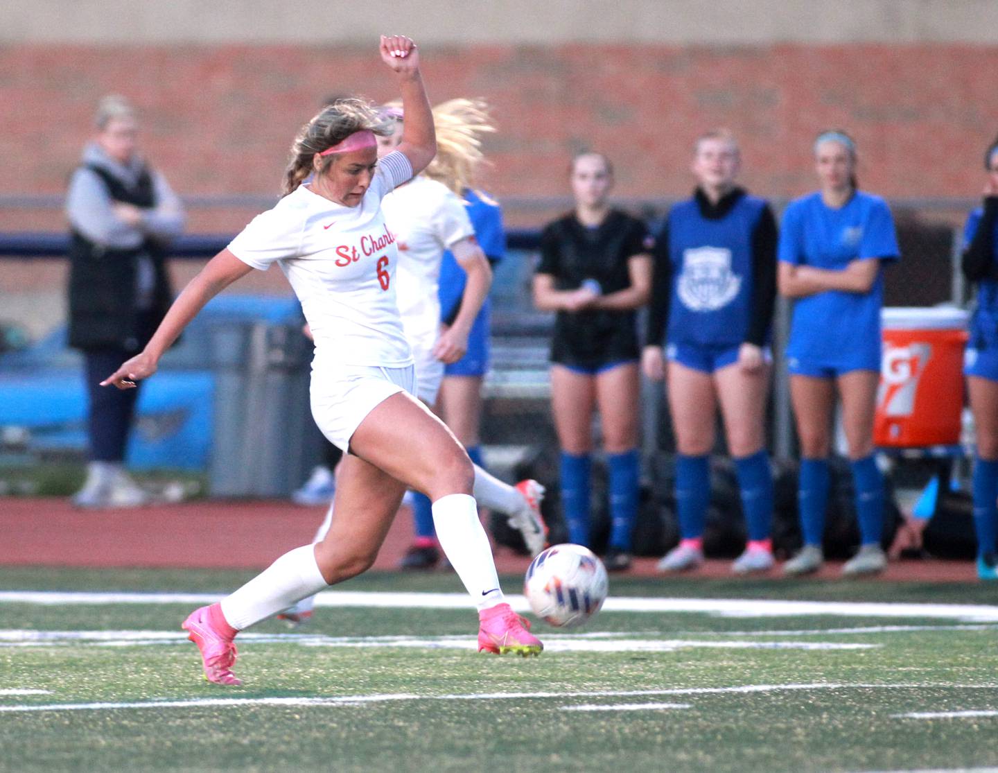 St. Charles East’s Noreen Grier kicks the ball during a Tri-Cities Night game against St. Charles North at St. Charles North on Tuesday, April 23, 2024.