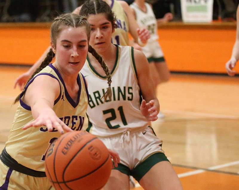 Serena's Rayelle Brennan chases down a loose ball as St. Bede's Lili Bosnich defends during the Class 1A Sectional final game on Thursday, Feb. 22, 2024 at Gardner-South Wilmington High School.
