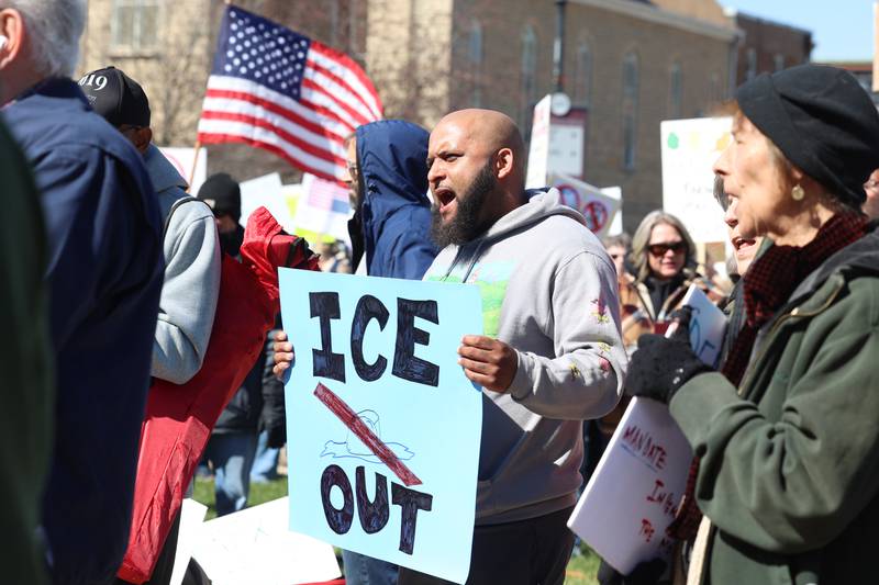 Protesters participate in the No Kings rally at the Kankakee County Courthouse on March 28, 2026.