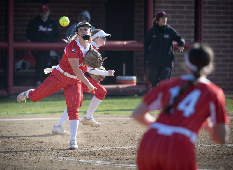 Bradley-Bourbonnais' Lydia Hammond throws to first base for an out in the second inning of Thursday's game against Lockport.