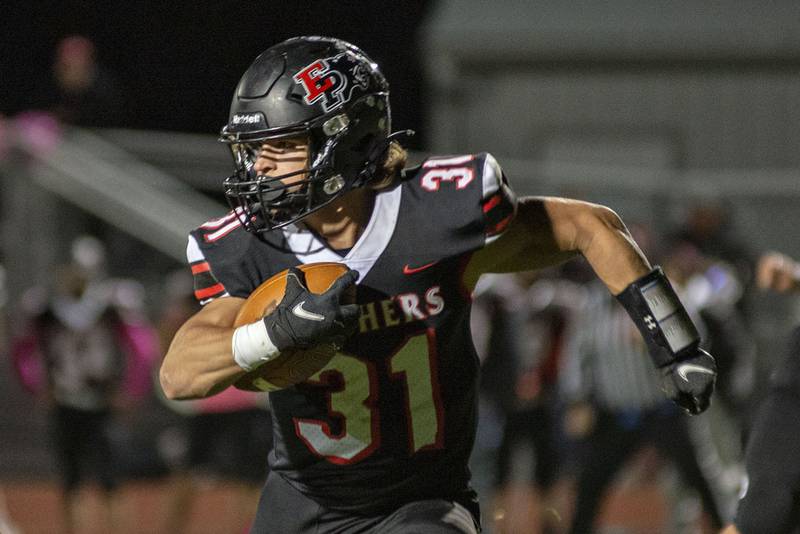 Erie-Prophetstown’s Jase Grunder picks up yards against Bureau Valley Friday, Oct.7, 2022.