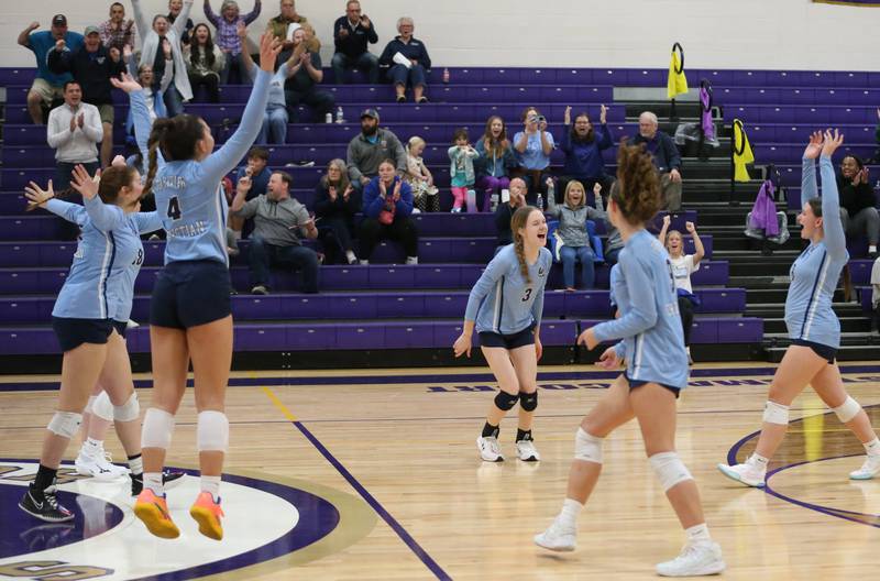 Members of the Parkview Christian volleyball team celebrate after defeating Earlville in the Class 1A Regional semifinal game on Monday, Oct. 28, 2024 at Serena High School.