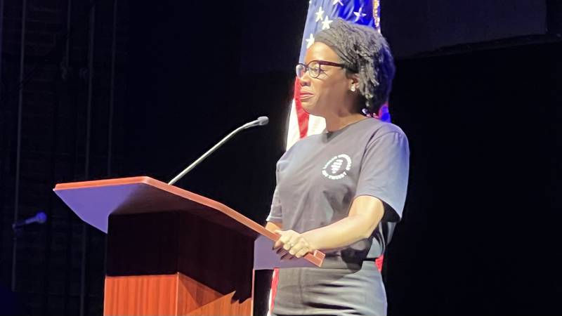 U.S. Rep. Lauren Underwood, D-Naperville, speaks to a crowd gathered in the Egyptian Theatre for her rally with Jeff Tweedy on Nov. 2, 2022, six day before the 2022 general election.