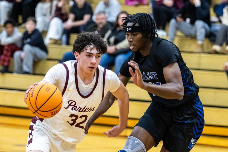 Lockport's Grady Ruane drives to the basket during a varsity basketball game against Lincoln-Way East at Lockport Township High School East Campus on Jan. 23, 2026.