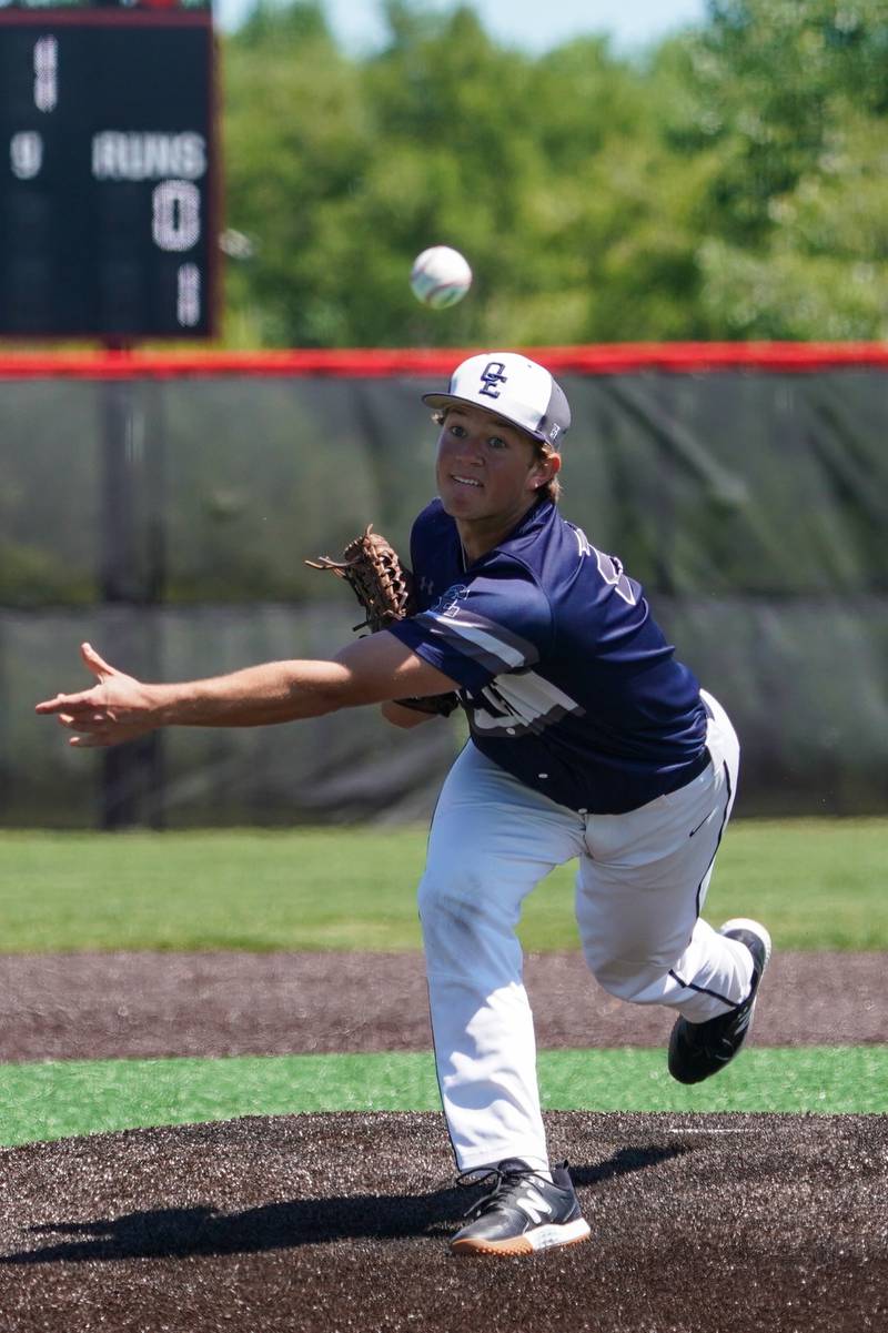 Oswego East's Jackson Petsche (22) delivers a pitch against Downers Grove North during a 4A Bolingbrook Regional Championship baseball game at Bolingbrook High School on Saturday, May 25, 2024.