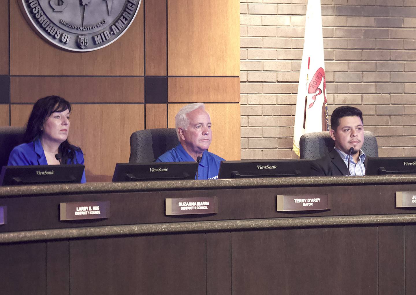 Joliet City Council member Suzanna Ibarra (left), Joliet Mayor Terry D'Arcy and Joliet City Council member Juan Moreno at a special meeting on Friday, June 20, 2025 at Joliet City Hall.