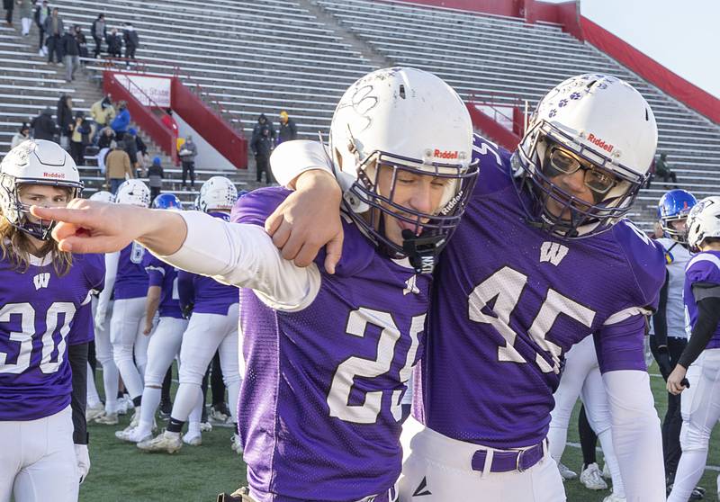 Wilmington's Tyler Nelson (left) and Caleb Rouse celebrate after besting Maroa-Forsyth 42-6 Friday, Nov. 28, 2025, in the Class 2A football finals at Hancock Stadium at ISU.