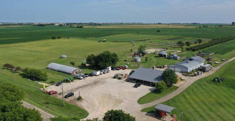 An aerial view of Boggios Orchard and Produce on Wednesday, July 19, 2023 in Granville.