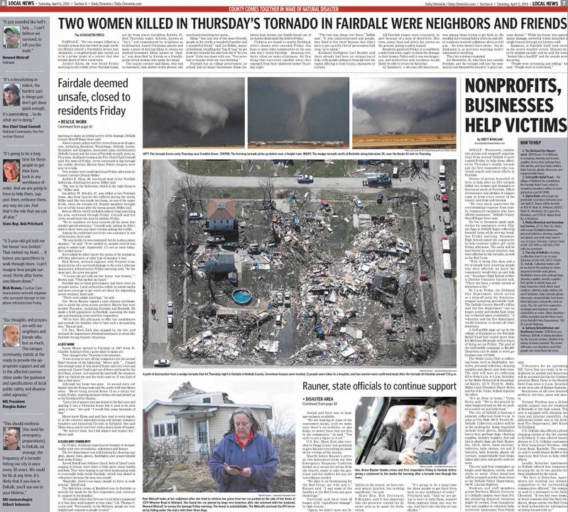 A newspaper clipping from the April 12, 2015 Daily Chronicle after an EF-4 tornado ripped through DeKalb, Lee and Boone counties on April 9, 2015, killing two Fairdale residents, injuring dozens more and razing homes.