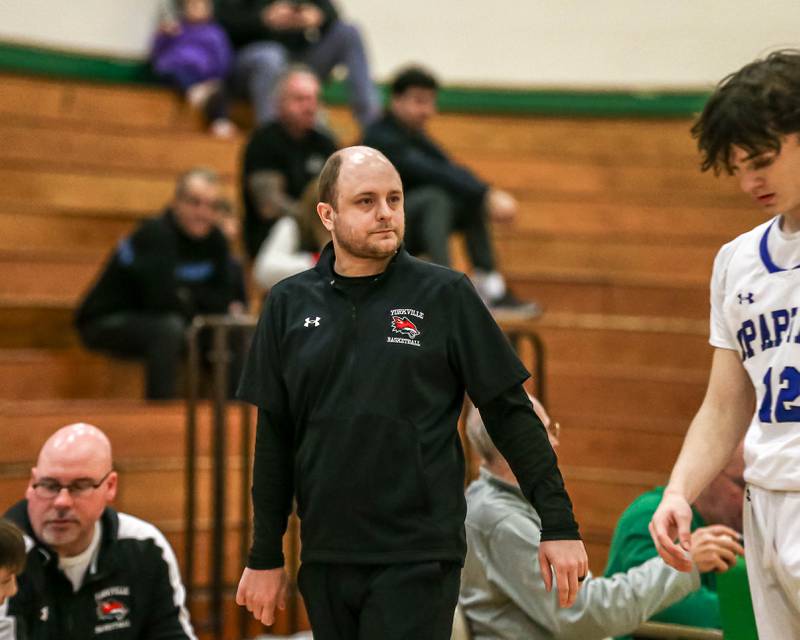 Yorkville's head coach John Holakovsky looks on during their Jack Tosh Holiday Classic basketball tournament game between St Francis at Yorkville Thursday Dec 26, 2024 in Elmhurst.