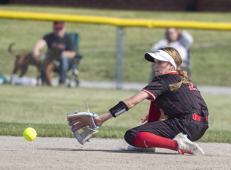Erie-Prophetstown’s Laken Renkes eyes the ball but is unable to make the stop against Morrison Thursday, May 14, 2026.