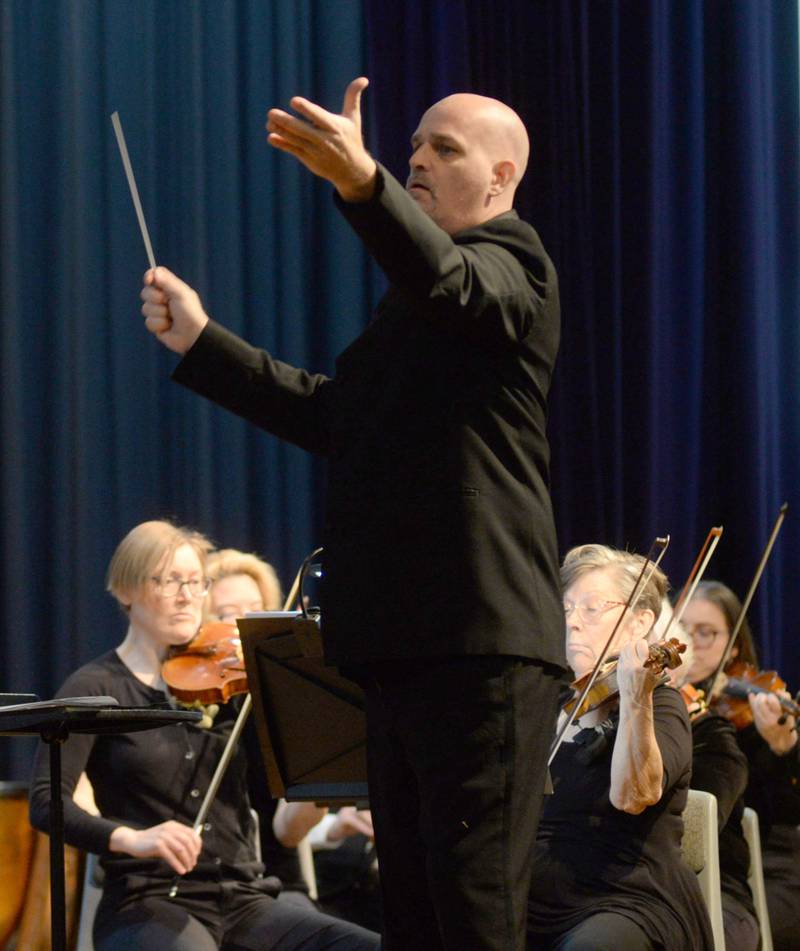 Brian Dollinger conducts the Clinton Symphony Orchestra during the Family Concert on Sunday, Feb. 23, 2025 in the Morrison High School Auditorium.