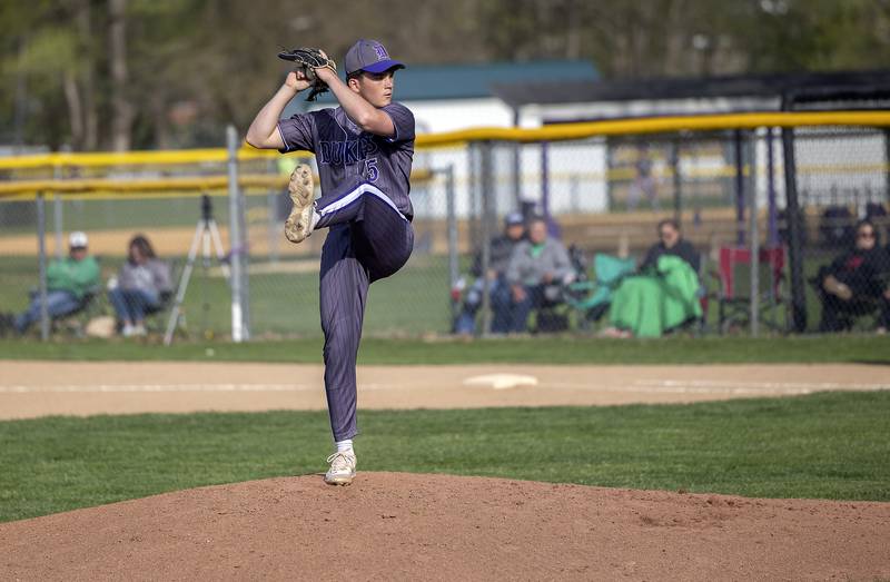 Dixon’s Daniel Fordham winds up for a pitch against Rock Falls Tuesday, April 29, 2025.