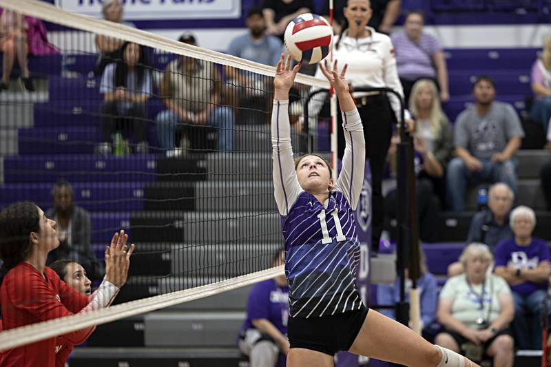 Dixon’s Presley Lappin works the net against Oregon Tuesday, Sept. 26, 2023 at Dixon High School.