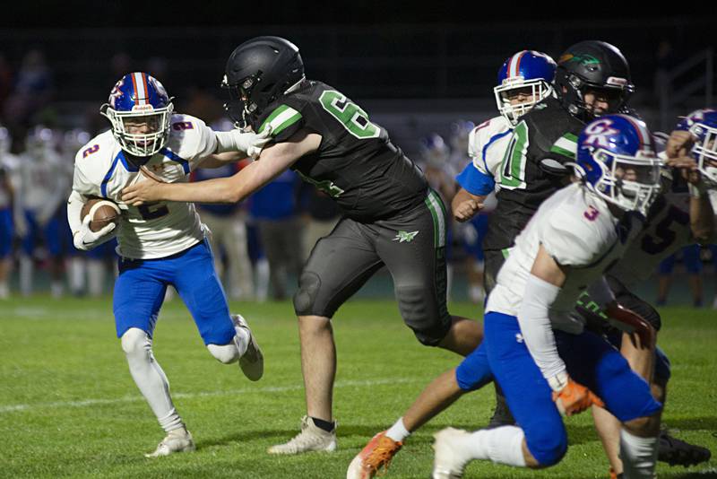 Rock Falls’ Thomas Lewis gets in the backfield to tackle G-K’s Traven Atterberry Friday, Sept. 23, 2022.