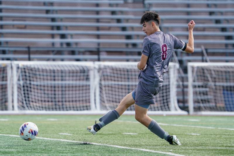 Morton’s Enrique Ayala (8) shoots the ball for a goal, his second of the game during a match against Downers Grove South at Morton High School in Berwyn on Saturday, Oct. 5, 2024.