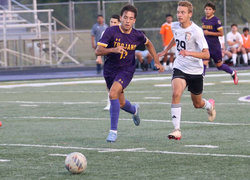 Mendota's Cesar Casas beats out Kewanee's Isaiah McClelland to the ball during the Three Rivers Tournament on Thursday, Oct. 2, 2025 at Mendota High School.