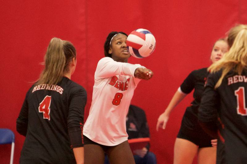 Benet's Aniya volleys the ball against Naperville North during the Championship match at the St. Charles East Scholastic Cup Tournament on Saturday, Oct.8,2022 in Aurora.