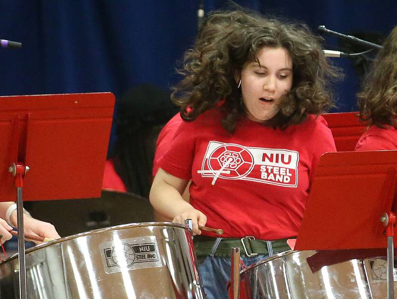 Corinne Francis performs in the NIU Steelband during their visit on Friday, Feb. 14, 2025 at DePue School. Francis is a 2023 graduate of Ottawa High School and is pursuing her bachelors of fine arts in Studio Art and Illustration at Northern Illinois University.