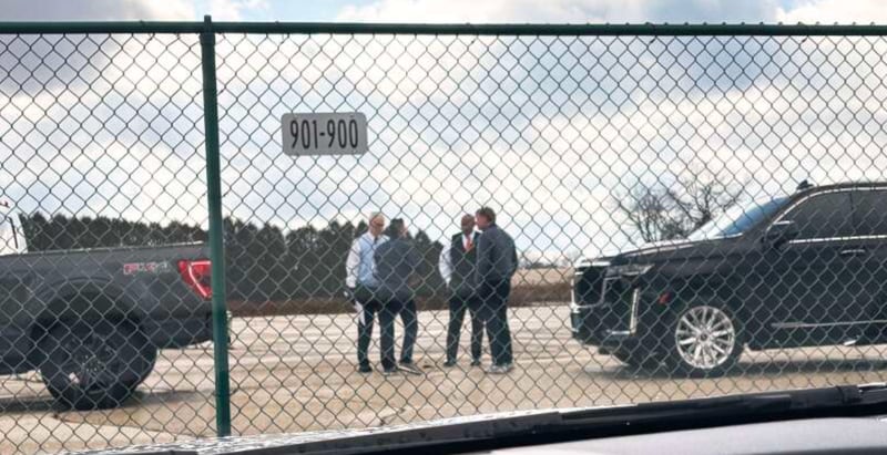 Bears fan Gregory Berger of Arlington Heights took this picture of a meeting Saturday afternoon on the Arlington Park site of NFL Commissioner Roger Goodell, from right, Bears President/CEO Kevin Warren, an unidentified person, and Bears Chairman George McCaskey.