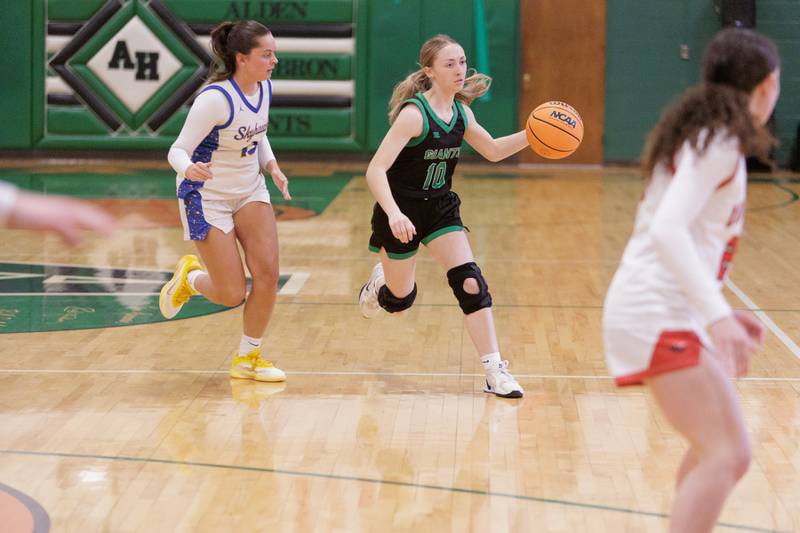 Alden-Hebron's Olivia Klein drives the ball up the court at the McHenry County Area All-Star Basketball Extravaganza on Sunday, April 12, 2026, at Alden-Hebron.