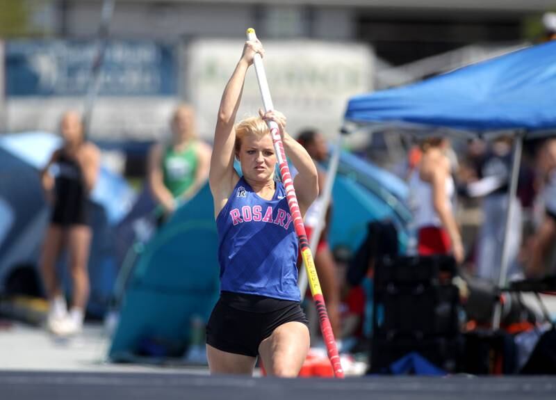 Rosary’s Libby Saloga competes in the 2A pole vault during the IHSA State Track and Field Finals at Eastern Illinois University in Charleston on Saturday, May 20, 2023.