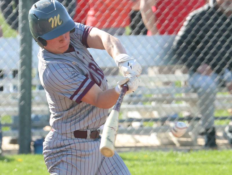 Morris's Logan Conroy makes contact with the ball against Ottawa on Monday, April 20, 2026 at Ottawa High School.