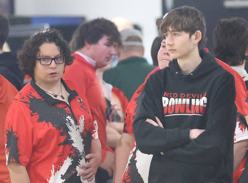 Hall's Martin Aldana and Chris Fara wait their turn to bowl on Friday, Jan. 16, 2026 at the Illinois Valley Super Bowl in Peru.