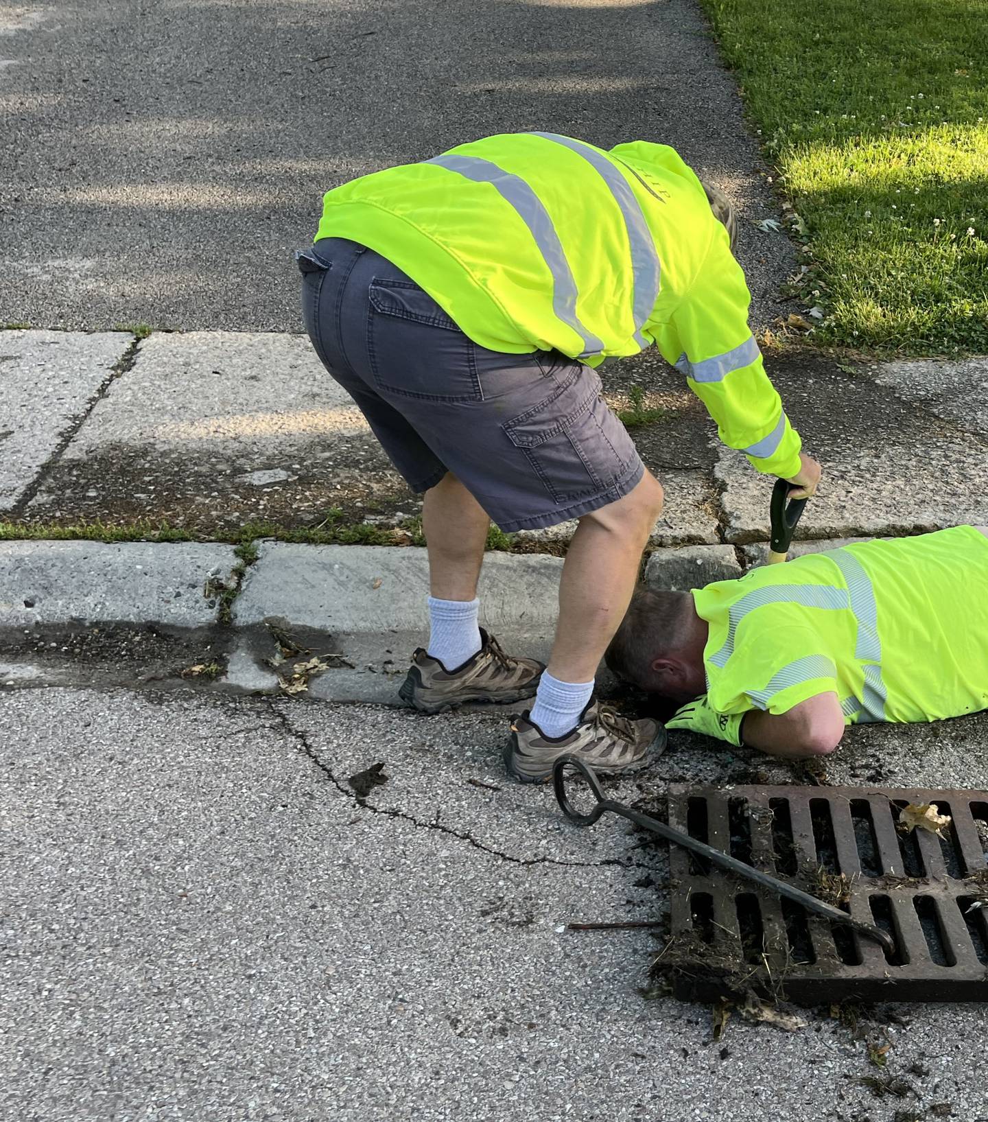 Oswego Township Road District employees Tim White and Bryan Choate are being credited for rescuing six ducklings from a storm sewer grate.