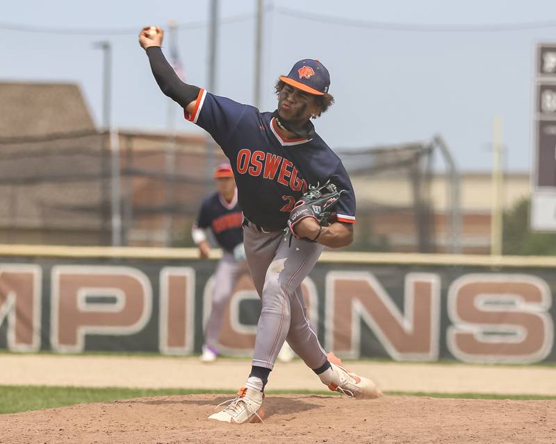 Oswego's Kam Jenkins (25) delivers a pitch during Class 4A Plainfield North Regional final baseball game between Oswego at Plainfield North. Saturday, May 31, 2025 in Plainfield.