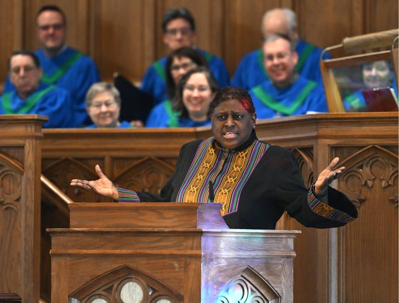 Guest speaker Rev. Danita Anderson addresses the congregation during a Martin Luther King Jr. celebration at First United Methodist Church in Downers Grove Sunday.