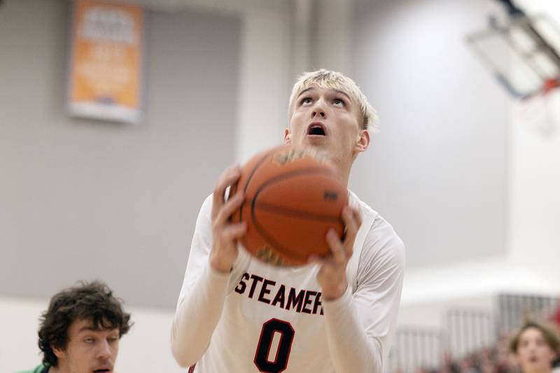 Fulton’s Baylen Damhoff puts up a shot against Scales Mound Friday, March 3, 2023 in the 1A sectional final in Lanark.