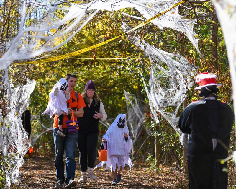 Nick Innocenti walks the Ackerman Park in Glen Ellyn on Saturday Oct. 26, 2024, along with his wife Christin and kids Brooke, 2, and Blake,4, of Glen Ellyn during the Boo Bash event while making a stop to meet The Cat In The Hat and other characters along the way that handed out candy.