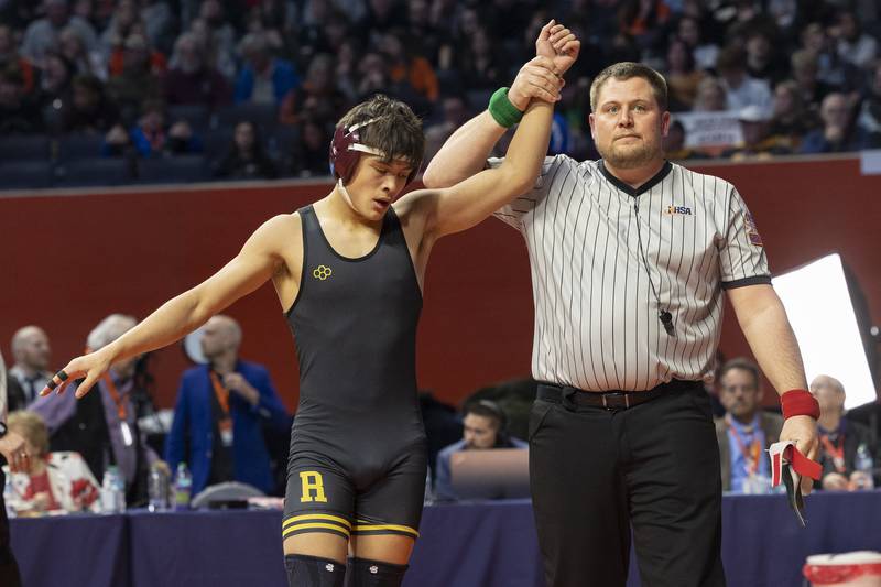 Riverdale’s Dean Wainwright beat Unity Christian’s Garrett VerHeecke in the 132 pound weight class of the 1A state individual wrestling finals Saturday, Feb. 22, 2025, at State Farm Center in Champaign.