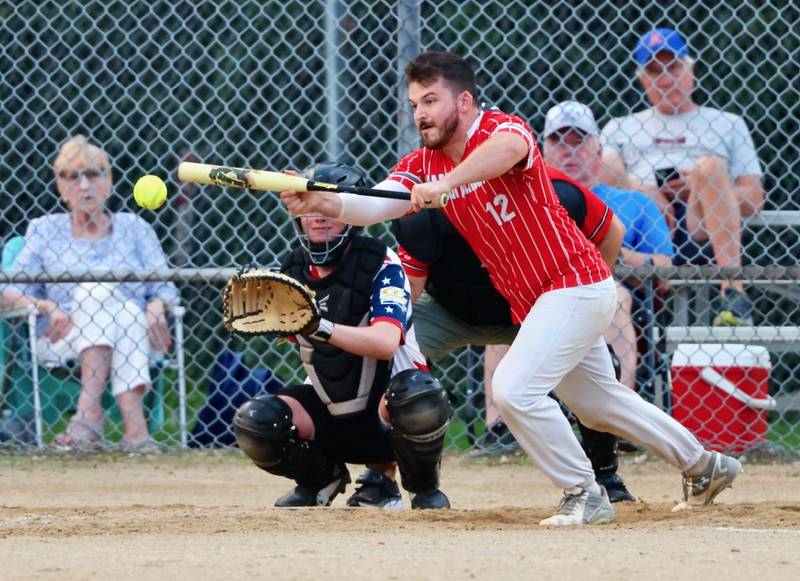 Malden Methodist's Tanner Kuhne takes a throw to the plate during Tuesday's Princeton Park District's Fastpitch League championship game  at Westside Park.