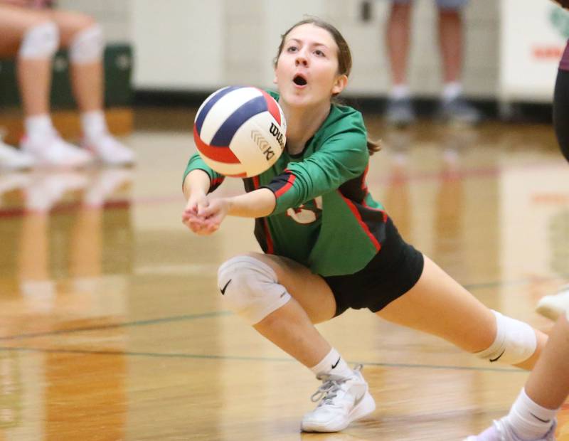 L-P's Jordan Whaley digs the ball against Morris on Thursday, Oct. 10, 2024 in A.J. Sellett Gymnasium at L-P High School.