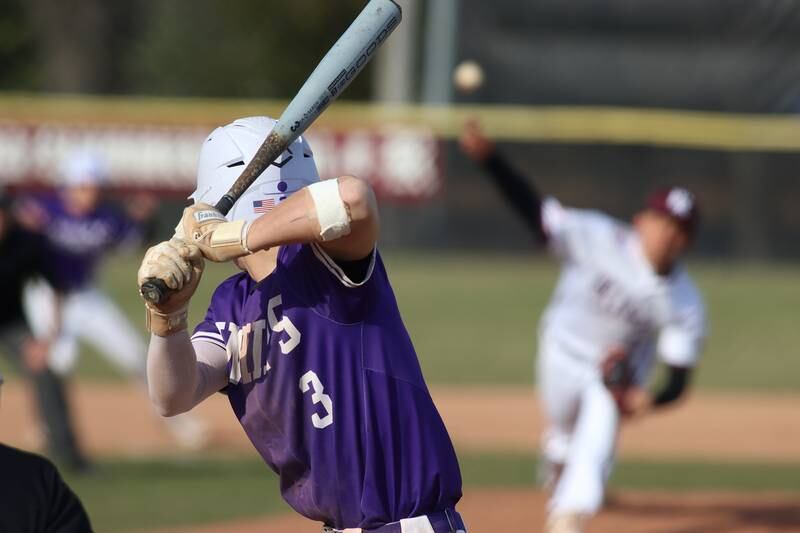 Hampshire’s Ari Fivelson awaits the offering from Prairie Ridge’s Danny Savas in varsity baseball on Wednesday, April 16, 2025, at Prairie Ridge High School in Crystal Lake.