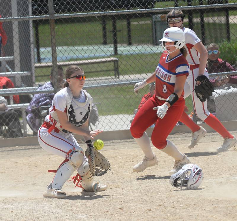 Morrison's Ava Duncan starts to slide home as Oregon catcher Abbie Ludwig fields the throw on Saturday, May 17, 2025 at Oregon Park West.