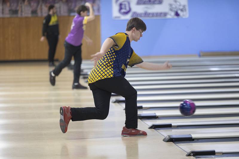 Sterling’s Ross Eden throws one down the lane in Dixon’s Toughman Tournament at Plum Hollow Thursday, Jan. 2, 2025.