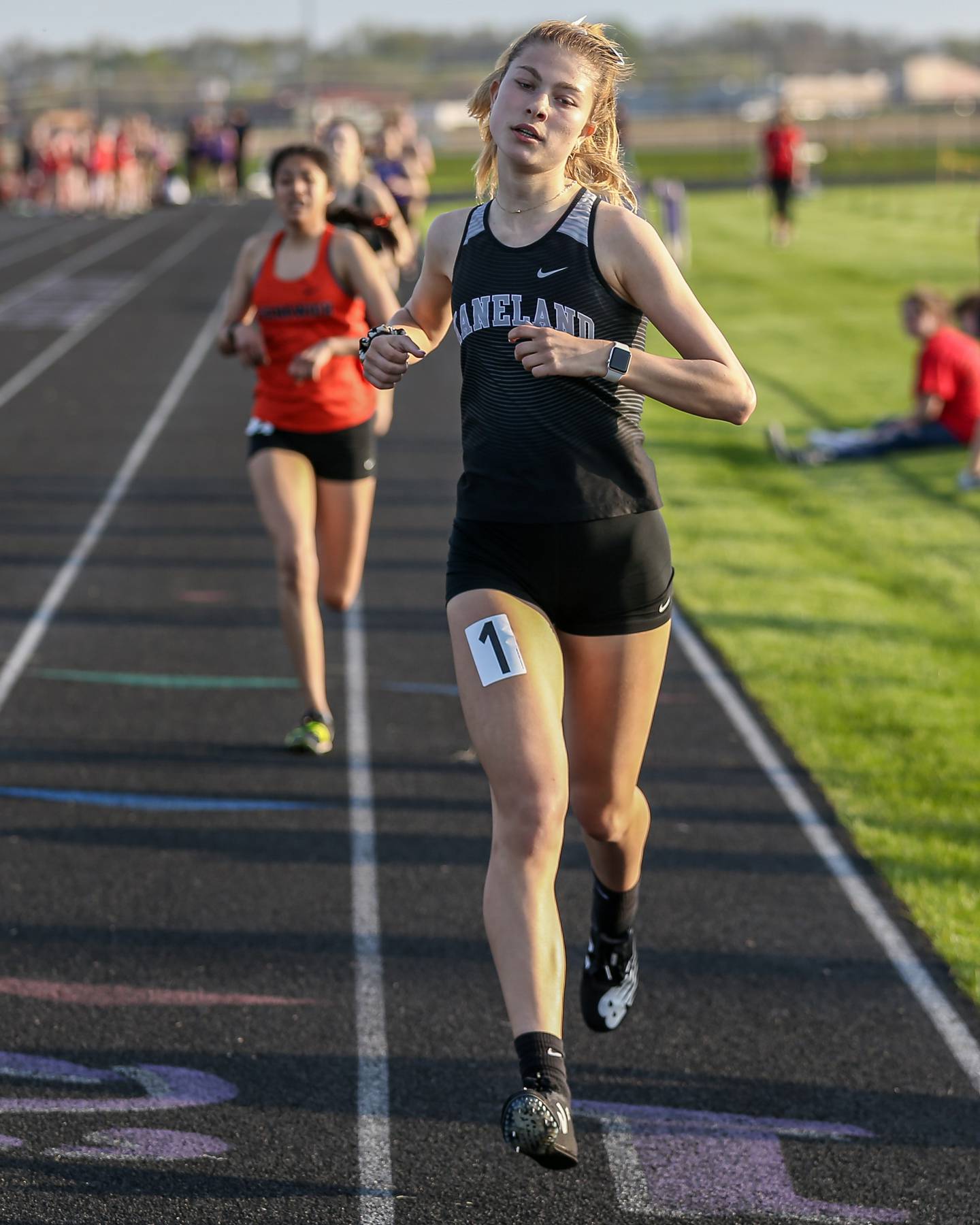 Kaneland's Lindsey Andrae finishes first in the 800m during the Interstate Eight conference meet at Plano High School.  May 9.2022.
