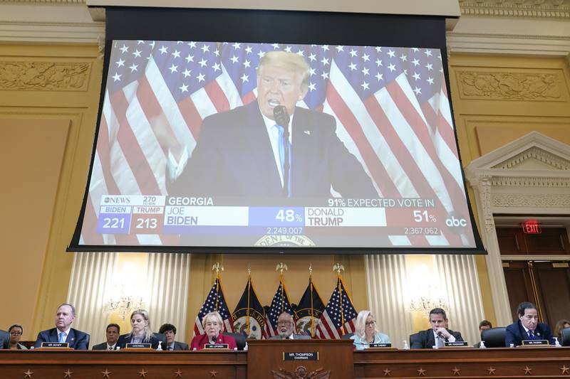 A video exhibit plays as the House select committee investigating the Jan. 6 attack on the U.S. Capitol continues to reveal its findings of a year-long investigation, at the Capitol in Washington, Monday, June 13, 2022. The 1/6 committee is set to plunge into Donald Trump’s last-ditch effort to salvage the 2020 election by pressuring Vice President Mike Pence to reject the electoral count — a highly unusual and potentially illegal strategy that was set in motion in the run-up to the Capitol riot. (AP Photo/Susan Walsh)