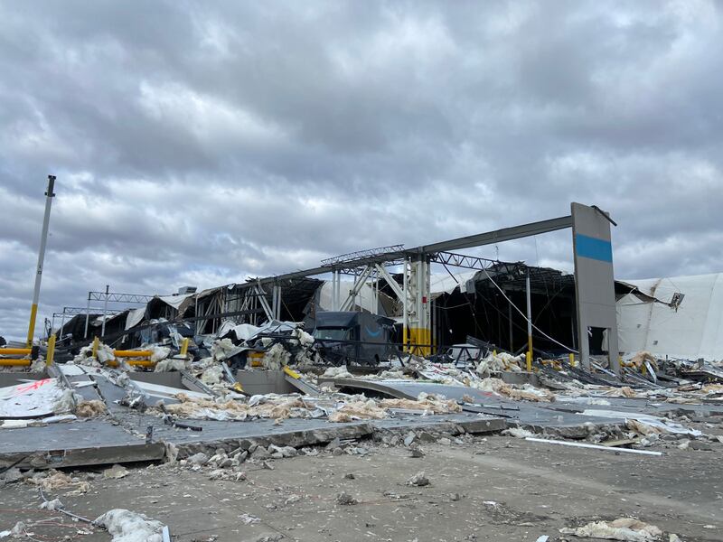 A survey photo shows the damage to an Amazon warehouse in Edwardsville
following an EF3 tornado on Dec. 10, 2021.