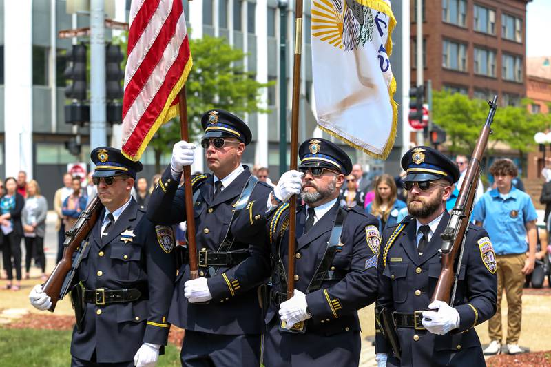 The Joliet Police Honor Guard with the posting of colors at the annual memorial service for fallen police officers. May 18, 2023.