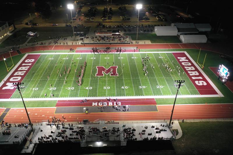 An aerial view of Morris football field during the Class 5A week one playoff game between Morris and L-P on Friday, Oct. 28, 2022 in Morris.