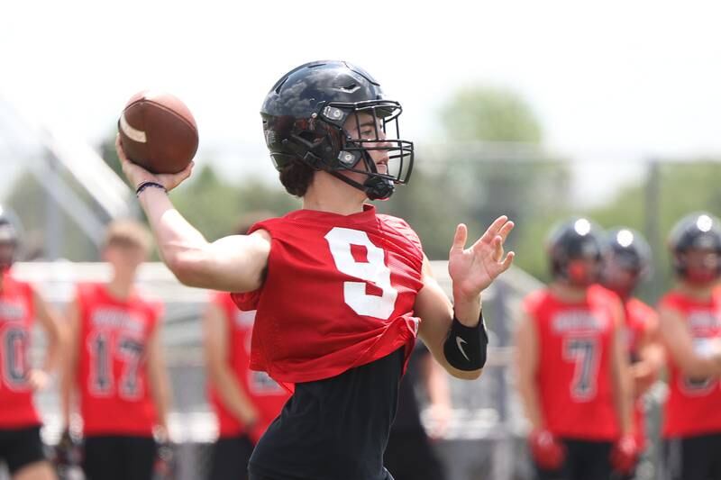 Lincoln-Way West’s Chase Hetfleisch passes during a 7-on-7 scrimmage at Lincoln-Way East on Tuesday, July 18th, 2023 in Frankfort.