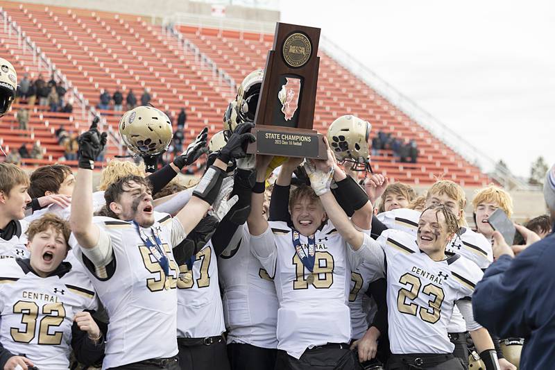 Camp Point Central celebrate their 14-0 win over Lena-Winslow Friday, Nov. 24, 2023 in the 1A state football championship game at Hancock Stadium in Normal.