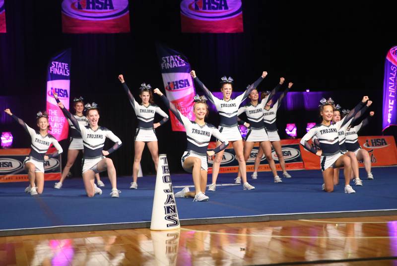 Members of the Cary Grove cheerleading team perform at the Competitive Cheerleading State Final Competition on Saturday, Feb. 3, 2024 at Grossinger Motors Arena in Bloomington.