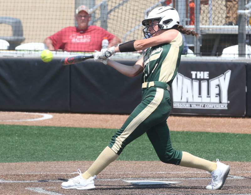 St. Bede's Lily Bosnich gets a hit against Illini Bluffs in the Class 1A State championship game on Saturday, June 3, 2023 at the Louisville Slugger Sports Complex in Peoria.
