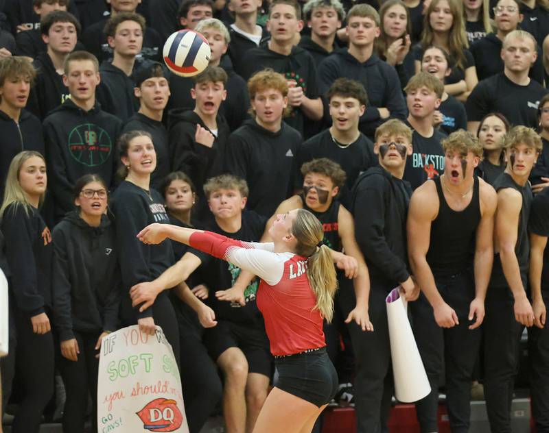 L-P's Aubrey Duttlinger saves the ball in front of fans during the Class 3A Sectional final game on Thursday, Nov. 6, 2025 in Sellett Gymnasium at L-P High School.