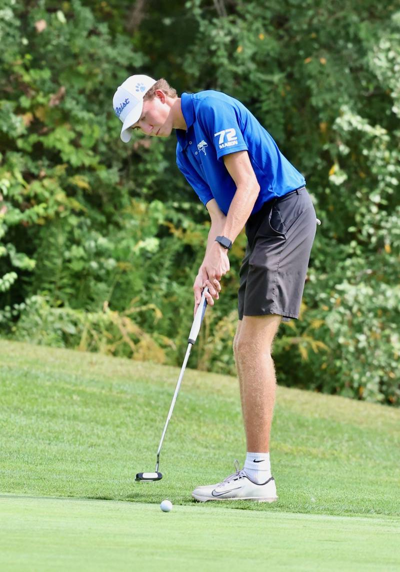 Princeton's Jackson Mason putts during the Three Rivers Conference Tournament on Tuesday, Sept. 23, 2025 at Chapel Hill Golf Course in Princeton.